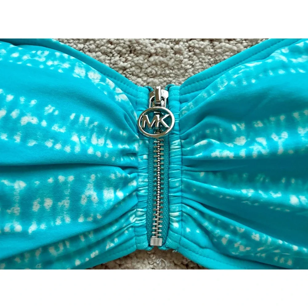 Michael Kors Bandeau Bikini Top Womens M Turquoise NWT Zip Front Tie Dye MM4J474